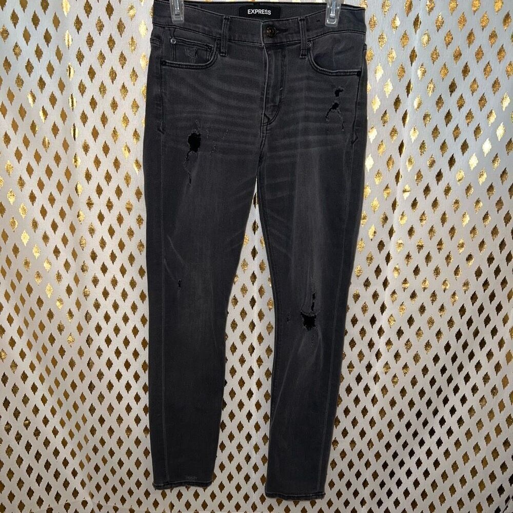 Express distressed black jeans ankle super skinny midrise size 4L